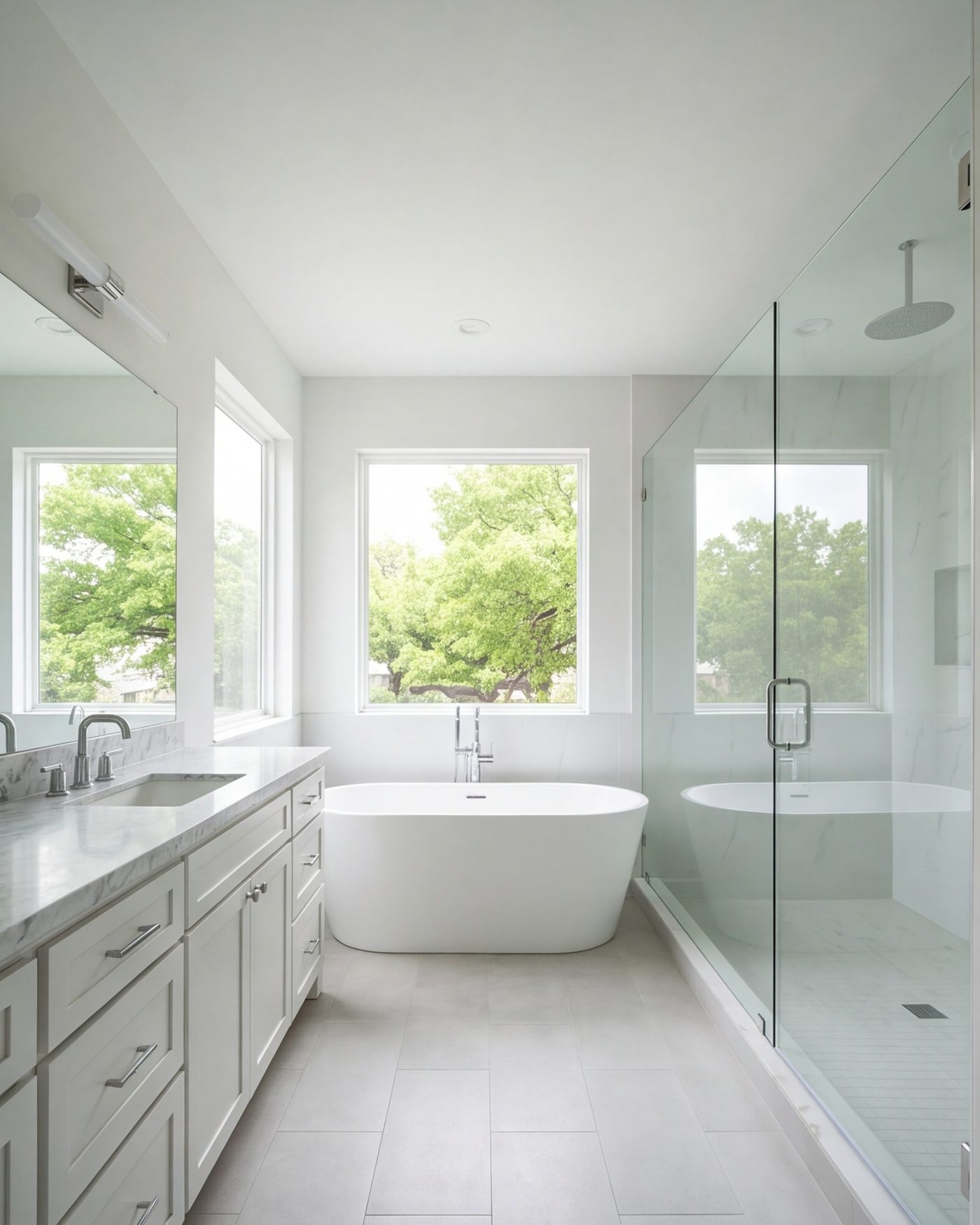 tall view of a primary bath with a soaking tub, walk-in shower and double vanity