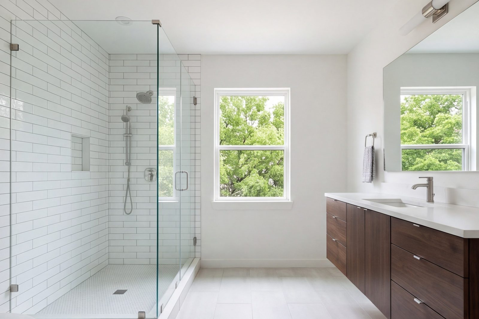 Walk-in shower with clear glass and tiled walls in a remodeled Lake Highlands bathroom