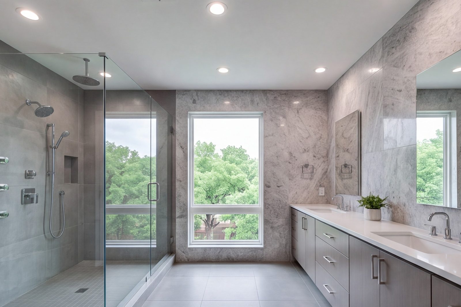 Primary suite bathroom with double vanity, walk-in shower and tile floor