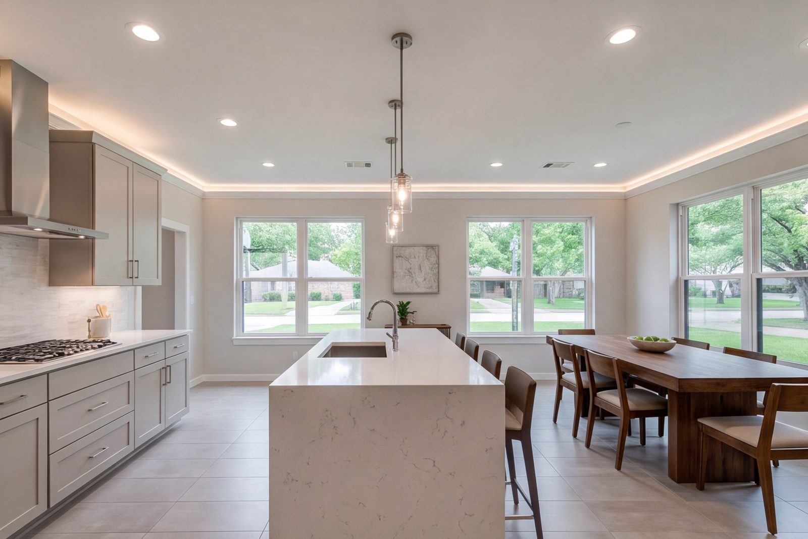 Kitchen and dining room joined into one open space with new lighting