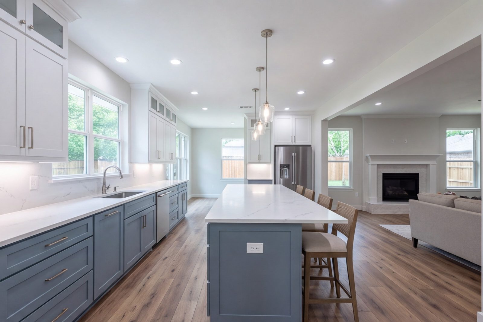 Wide view of an open remodeled kitchen with long cabinet runs and an island opening to the den