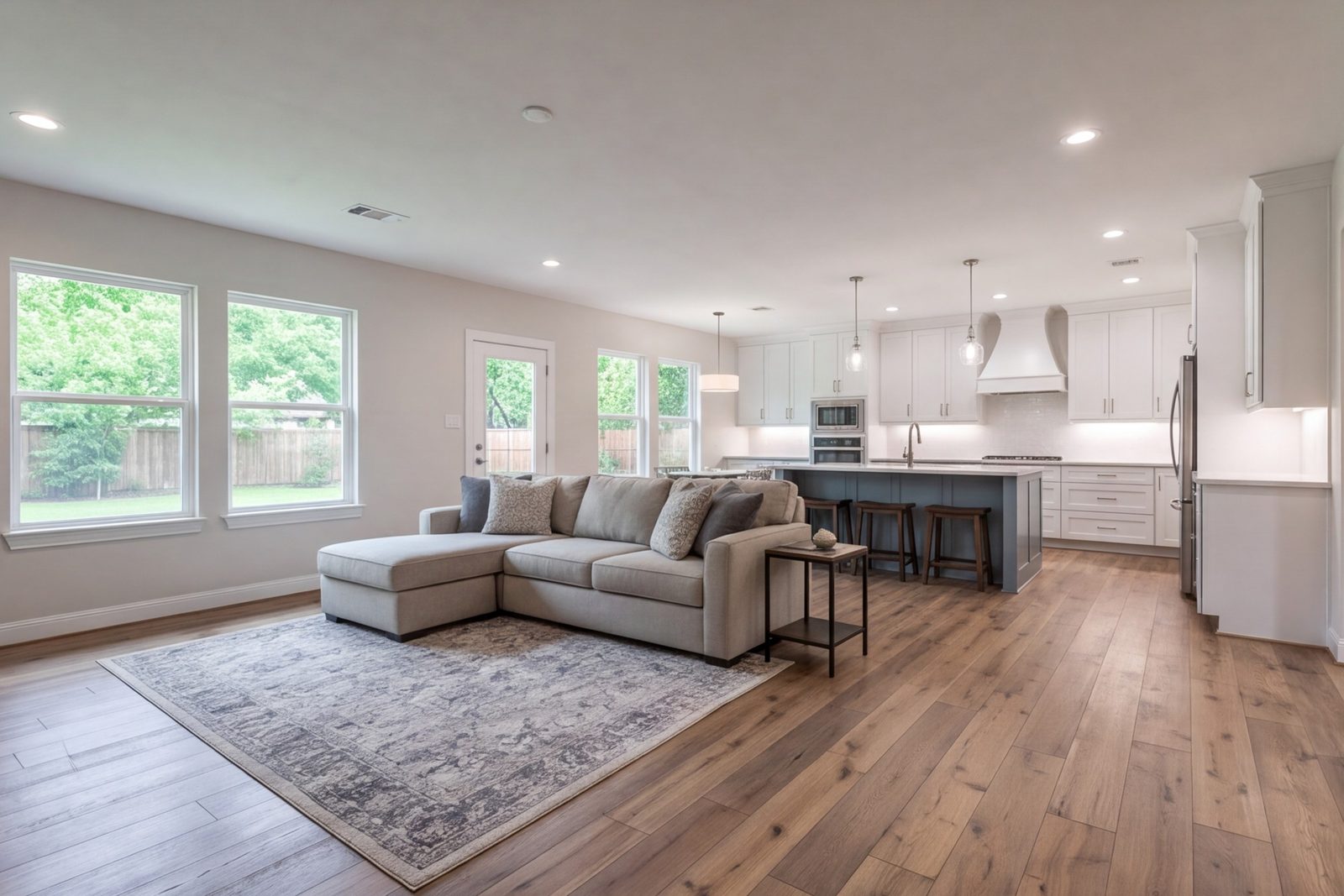 Wide view through a remodeled ranch house from living room to kitchen with new floors